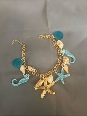 Gold Charm Bracelet with Aqua Seahorses & Starfish
